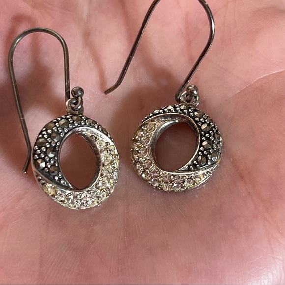 Vintage 1980's 90's sterling silver marcasite diamond art deco dangle earrings - Picture 14 of 16